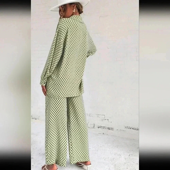 Argyle Print Drop Shoulder Blouse & Wide Leg Pants - Picture 6 of 6